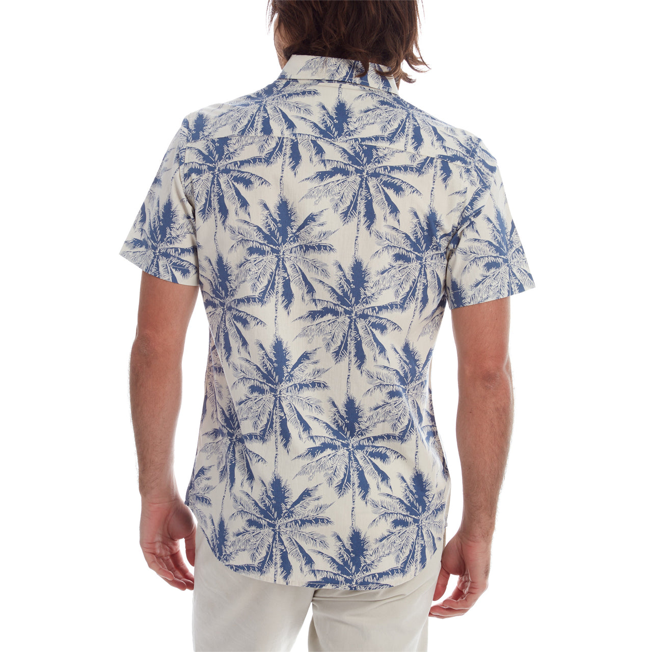 Mitchell Printed Shirt featuring a navy background with palm tree prints, perfect for summer casual wear.