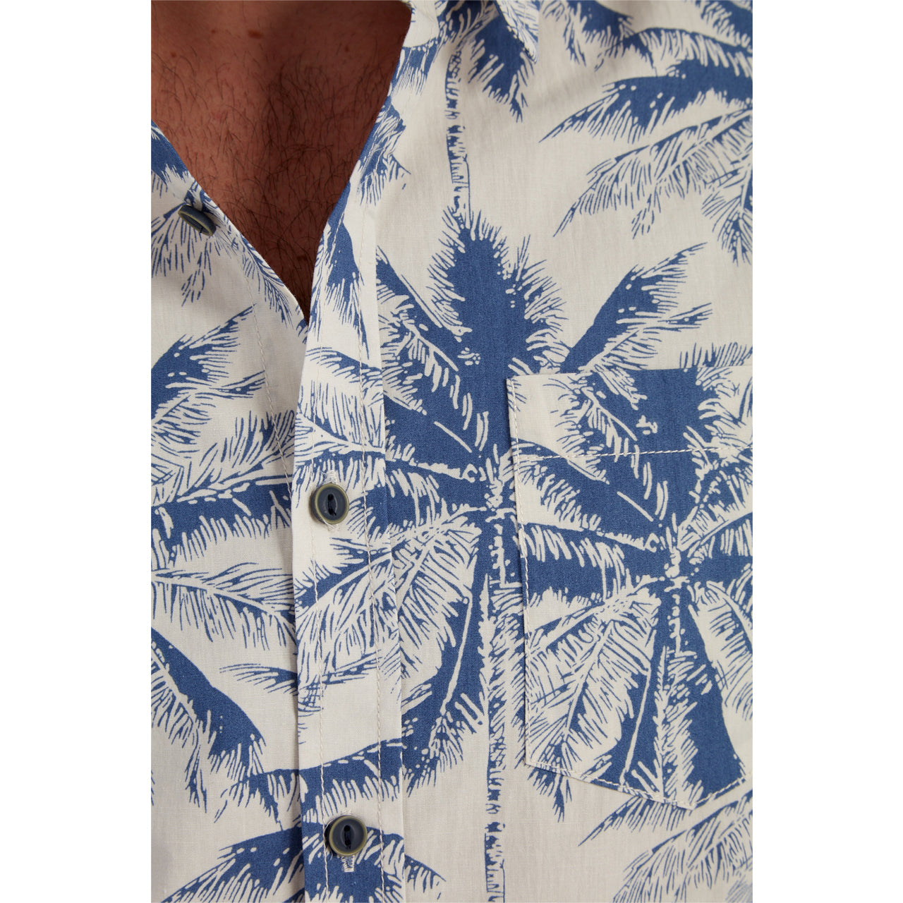 Mitchell Printed Shirt featuring a navy background with palm tree prints, perfect for summer casual wear.