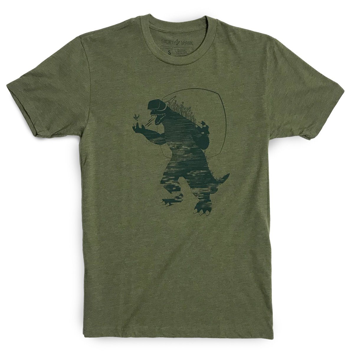 Mixed Reality T-shirt in heather olive with original illustrations, showcasing a premium fitted design.