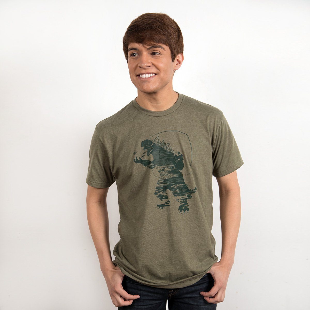 Mixed Reality T-shirt in heather olive with original illustrations, showcasing a premium fitted design.