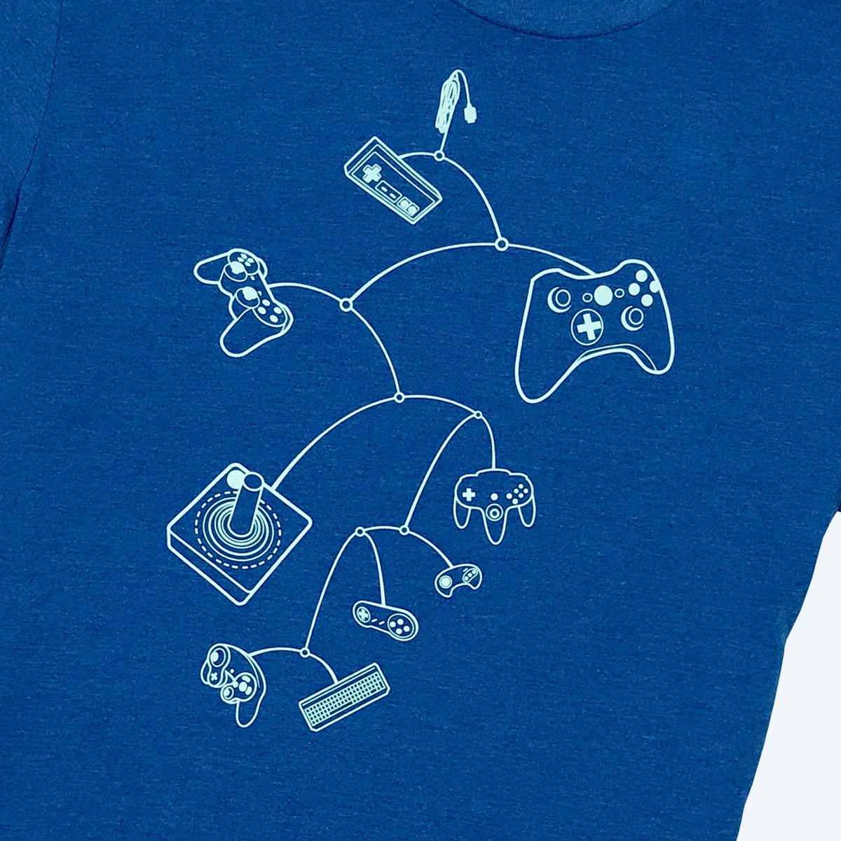 A vibrant royal blue kids t-shirt featuring unique gaming-themed graphic illustrations, designed for comfort and style.