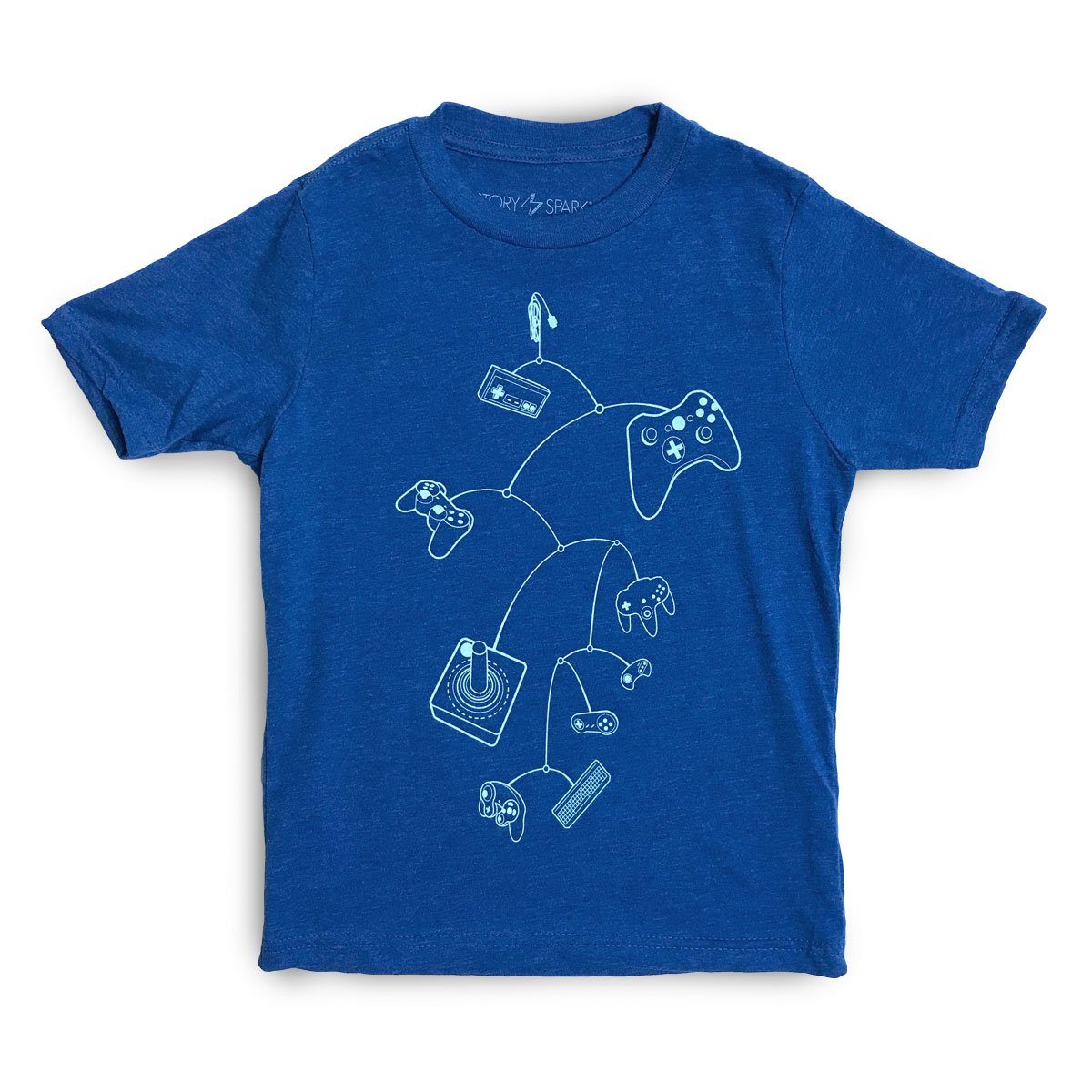 A vibrant royal blue kids t-shirt featuring unique gaming-themed graphic illustrations, designed for comfort and style.