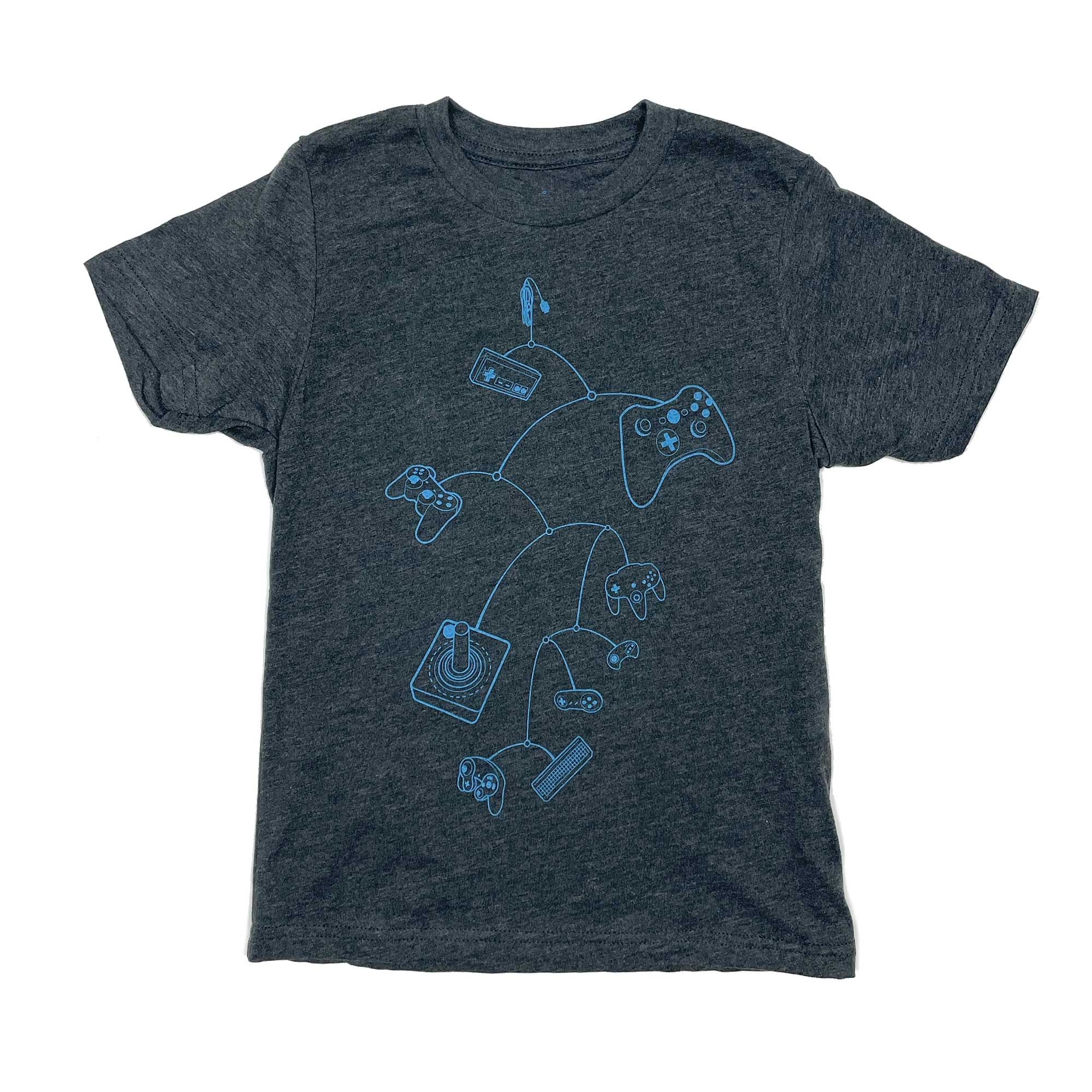 A vibrant royal blue kids t-shirt featuring unique gaming-themed graphic illustrations, designed for comfort and style.