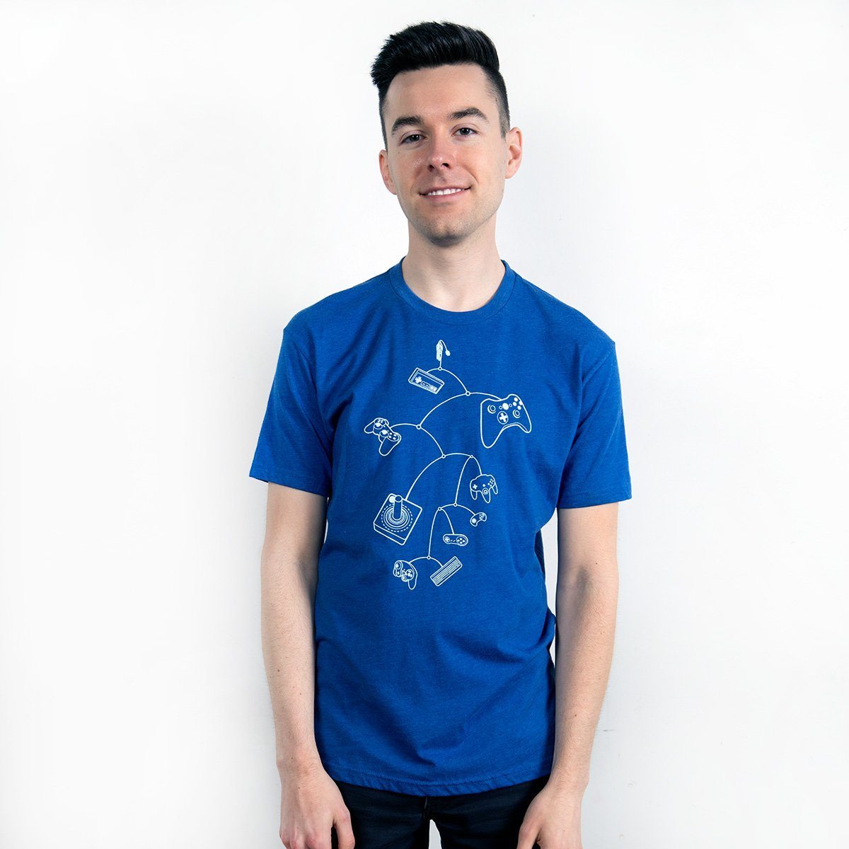 Mobile Controls T-Shirt in heather royal blue featuring unique gaming graphic design, showcasing comfort and style.