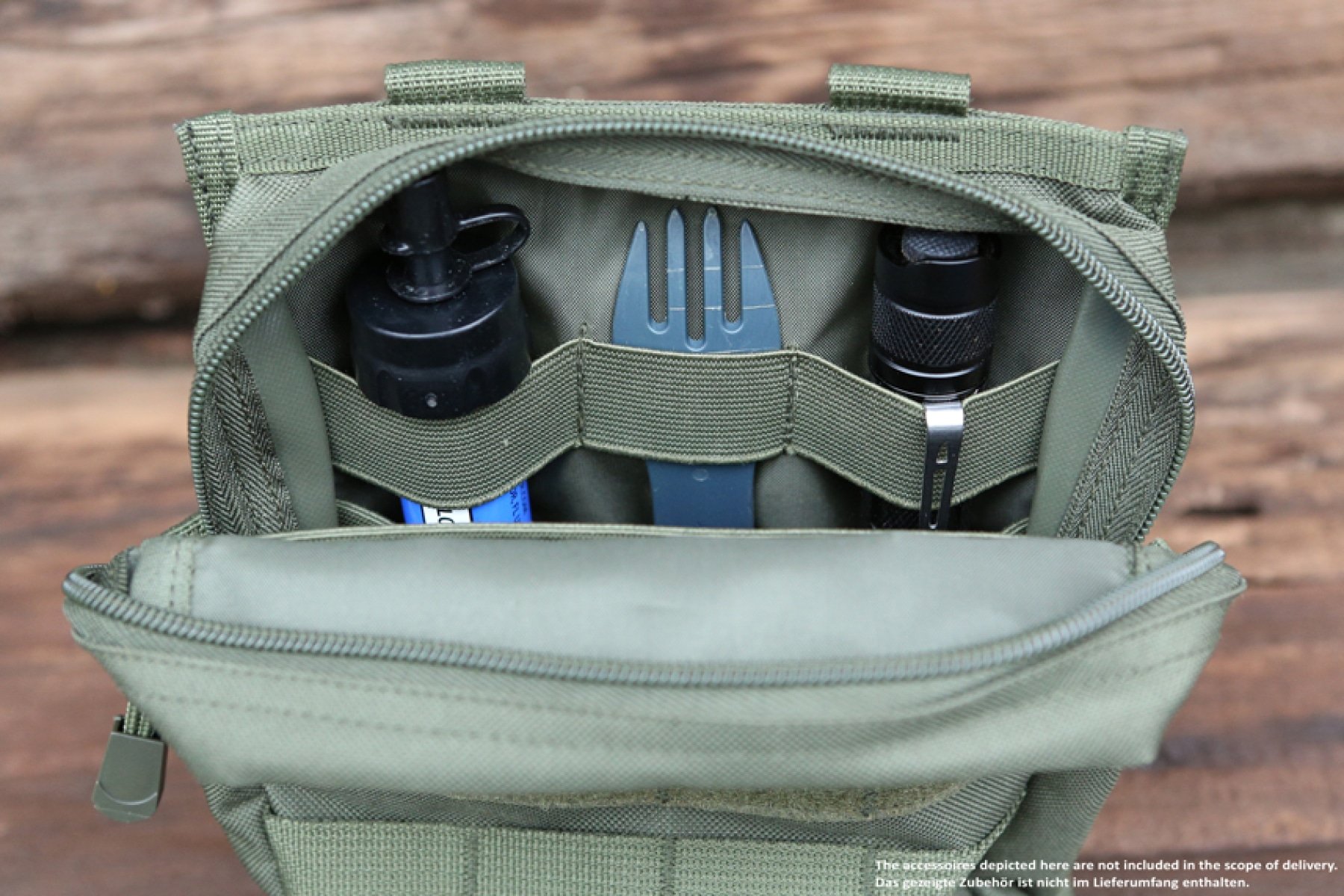 Molle Pouch Cross made from durable 600DEN polyester, featuring PALS fastening loops, high-quality zipper, and internal pockets for organization.