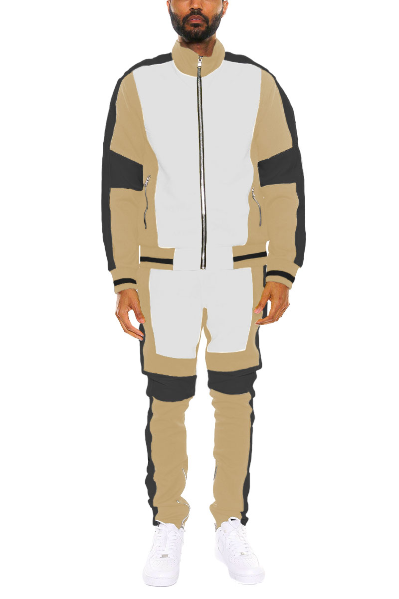 Moto Color Block Track Set featuring a full zip jacket and ankle zipper track pants in a stylish color block design.