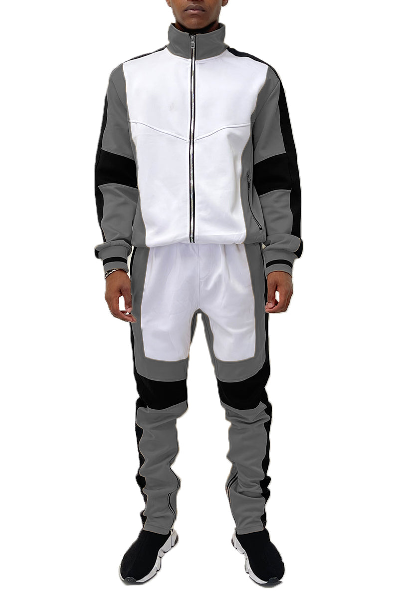 Moto Color Block Track Set featuring a full zip jacket and ankle zipper track pants in a stylish color block design.