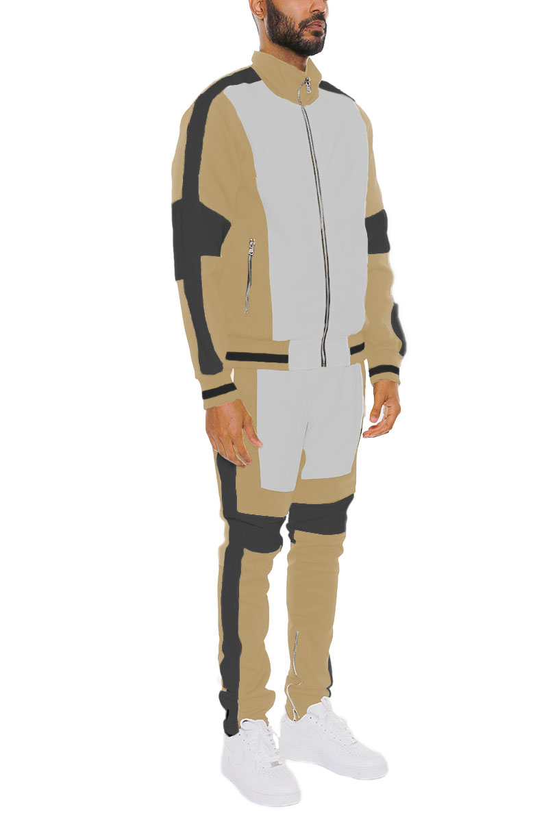 Moto Color Block Track Set featuring a full zip jacket and ankle zipper track pants in a stylish color block design.