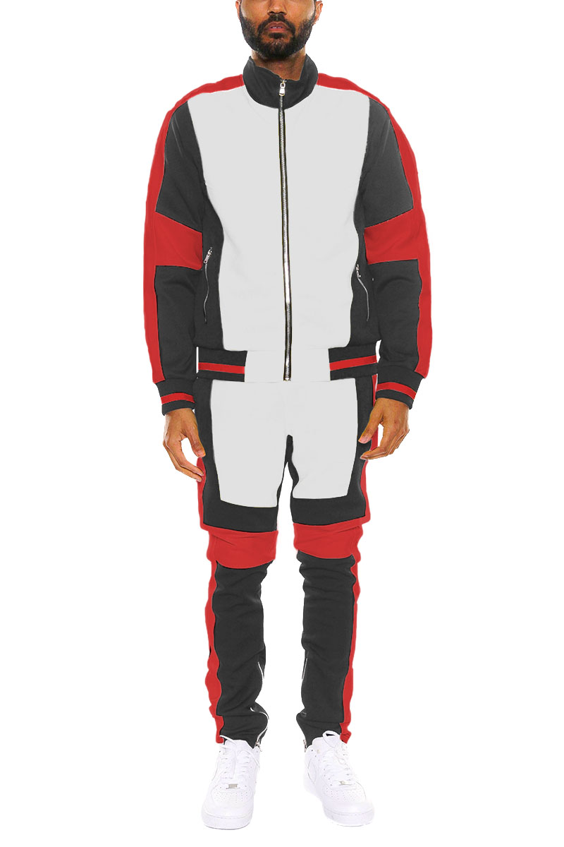 Moto Color Block Track Set featuring a full zip jacket and ankle zipper track pants in a stylish color block design.