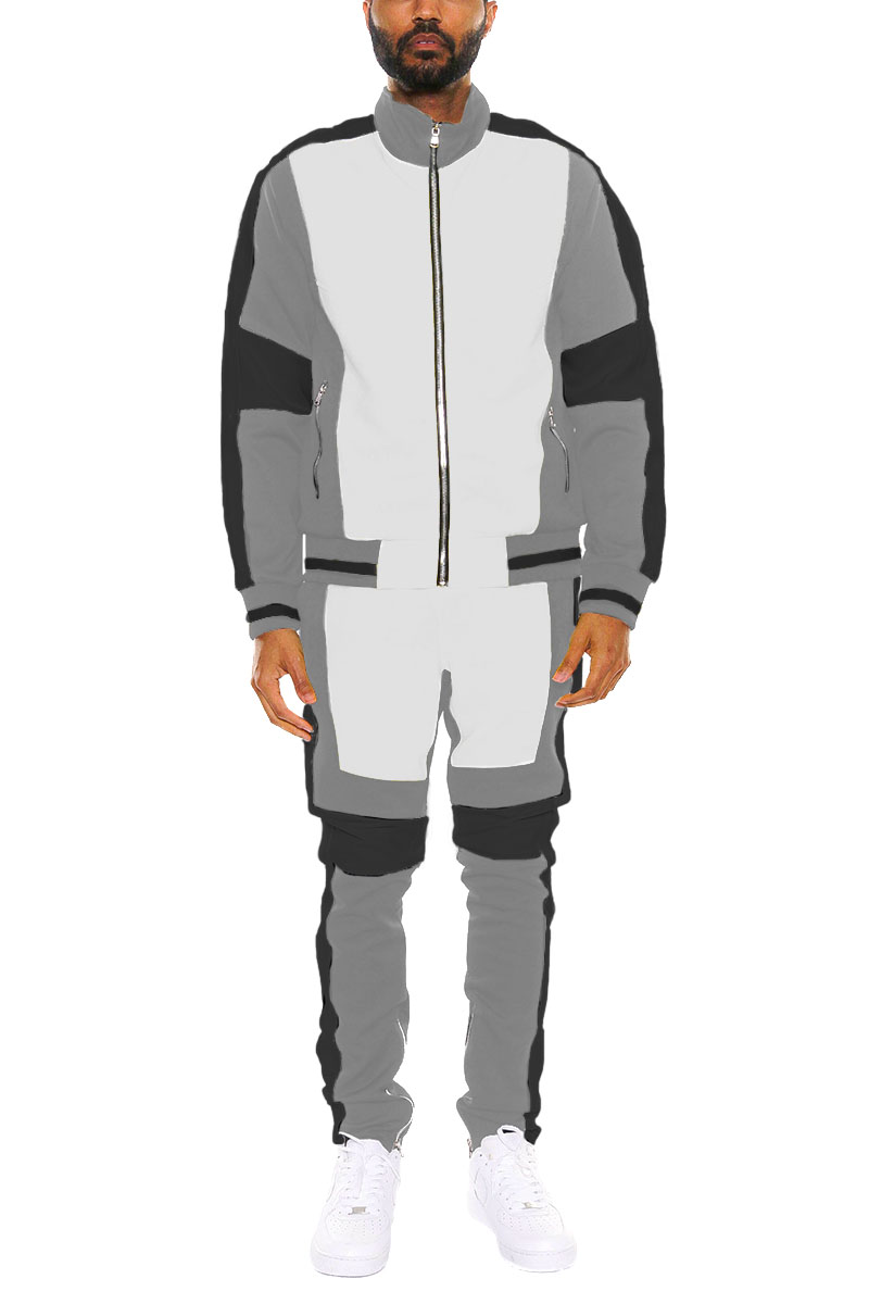 Moto Color Block Track Set featuring a full zip jacket and ankle zipper track pants in a stylish color block design.