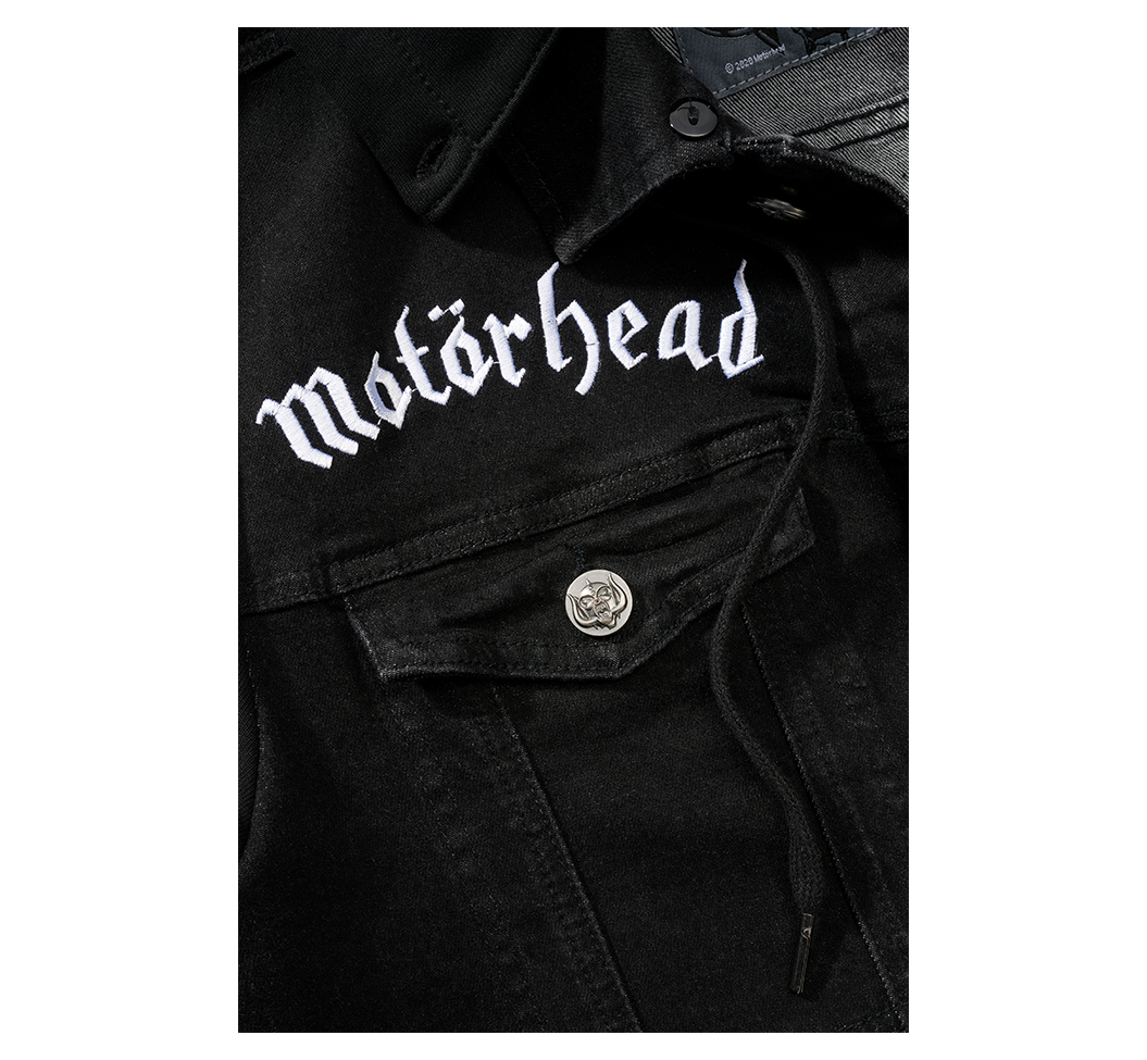 Motörhead Cradock Denim Jacket featuring large back print, detachable hood, and multiple pockets, showcasing a classic rock style.