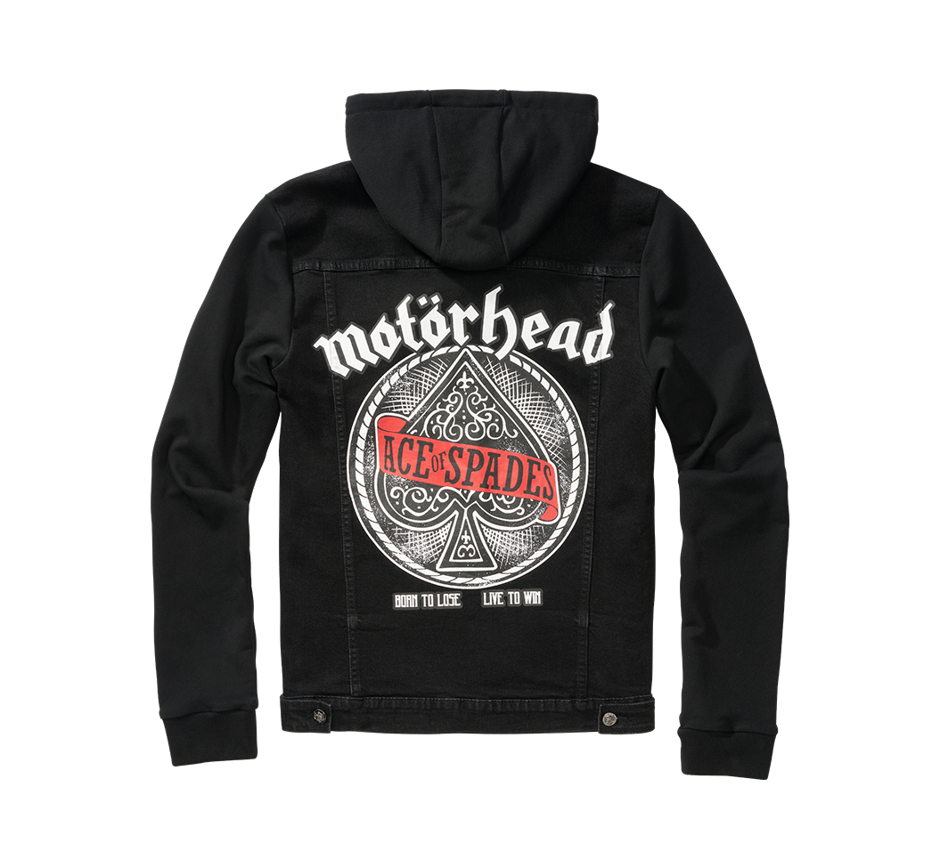 Motörhead Cradock Denim Jacket featuring large back print, detachable hood, and multiple pockets, showcasing a classic rock style.