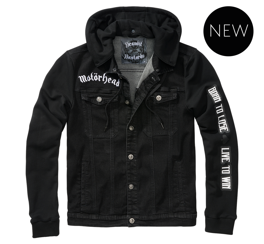 Motörhead Cradock Denim Jacket featuring large back print, detachable hood, and multiple pockets, showcasing a classic rock style.