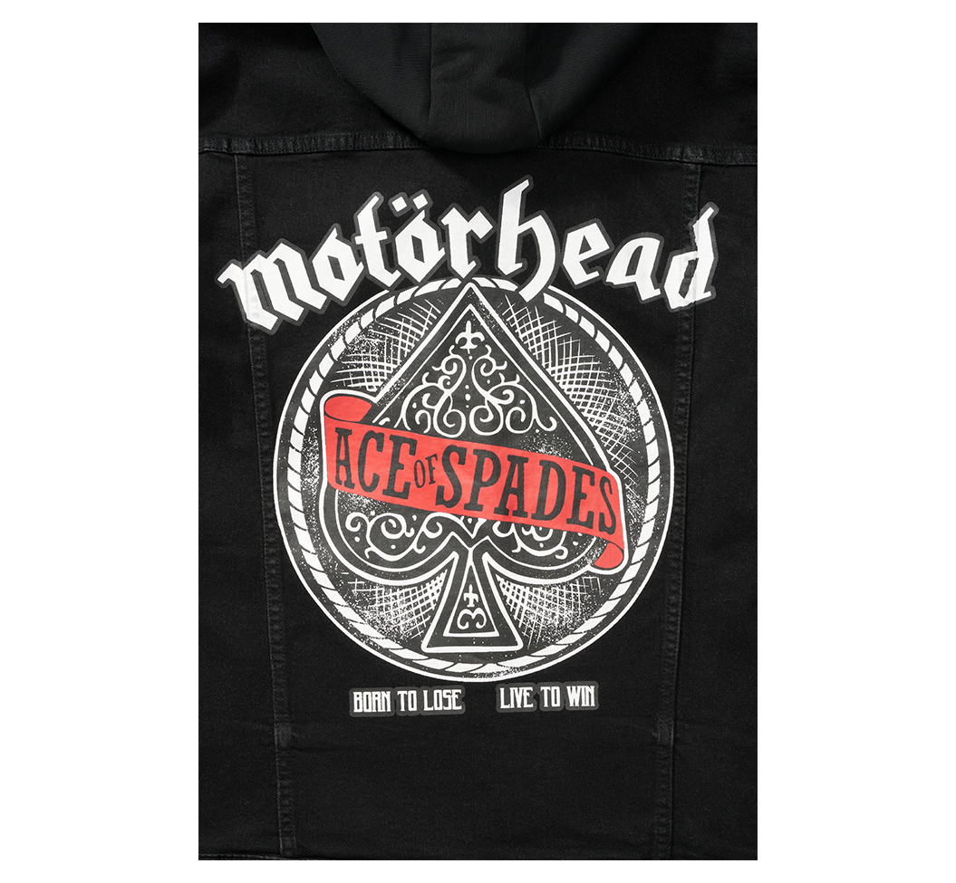 Motörhead Cradock Denim Jacket featuring large back print, detachable hood, and multiple pockets, showcasing a classic rock style.