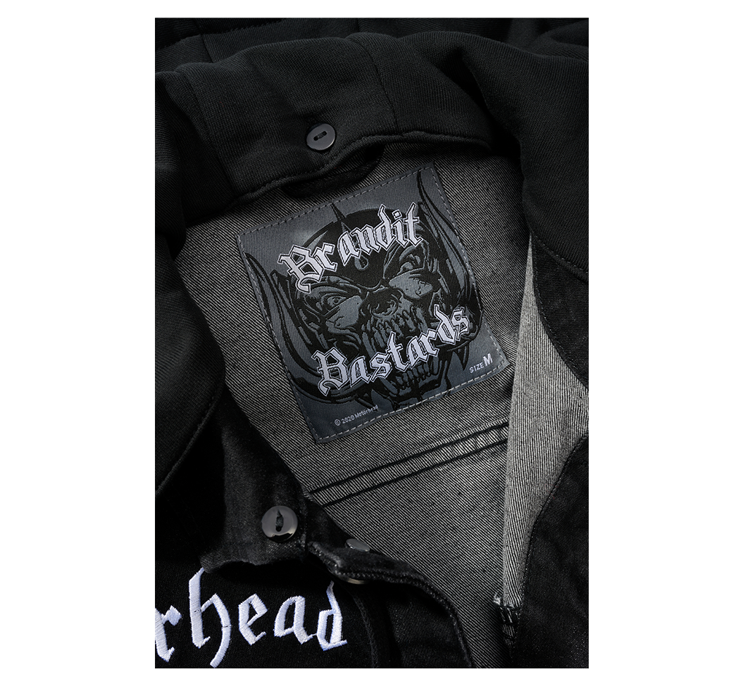 Motörhead Cradock Denim Jacket featuring large back print, detachable hood, and multiple pockets, showcasing a classic rock style.