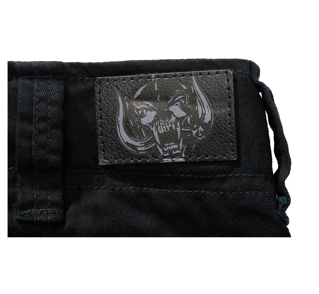 Black denim with skull patch.