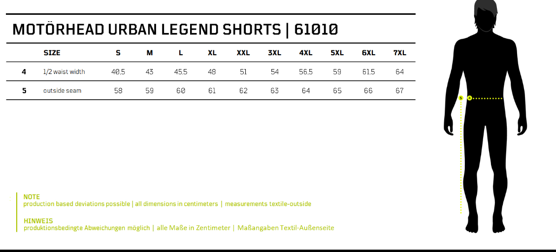 Size chart for Urban Legend shorts.