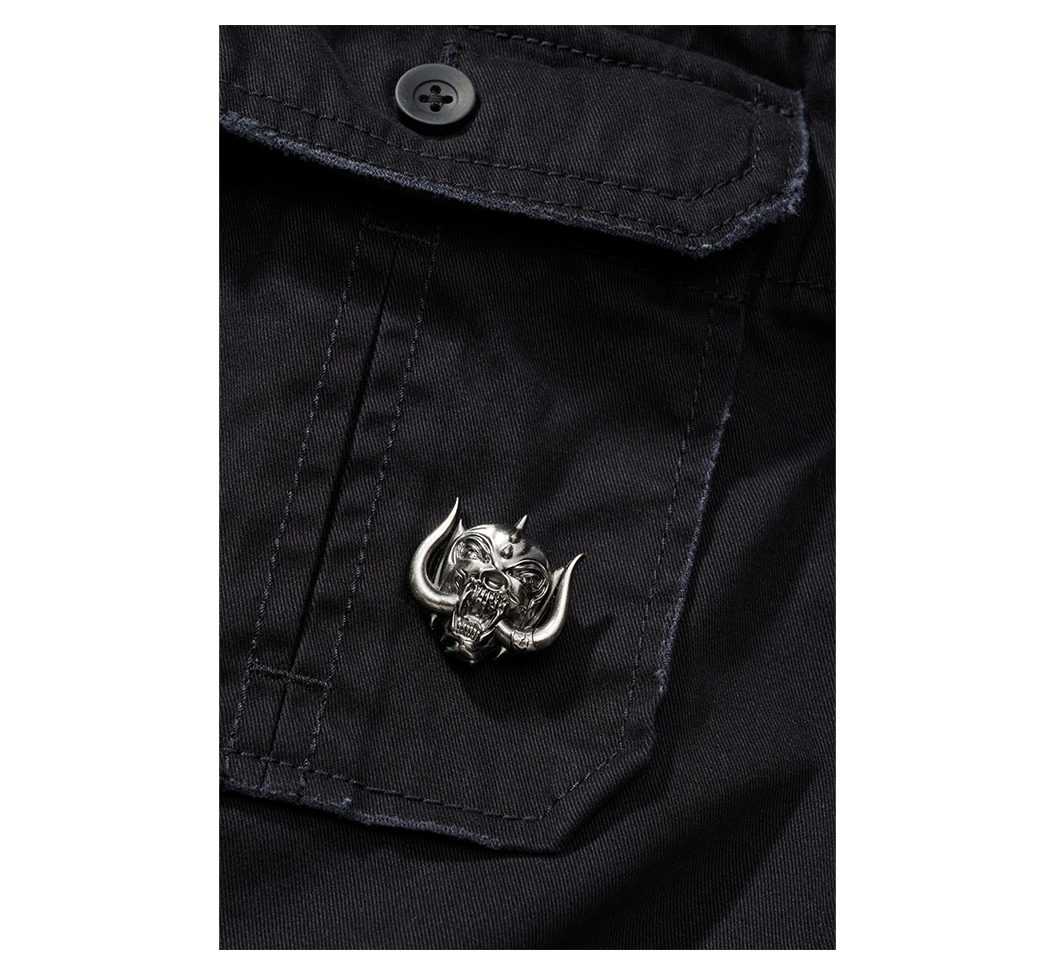 Motörhead Vintage Shirt featuring 3D print on back, Warpig front design, and detachable metal pin.