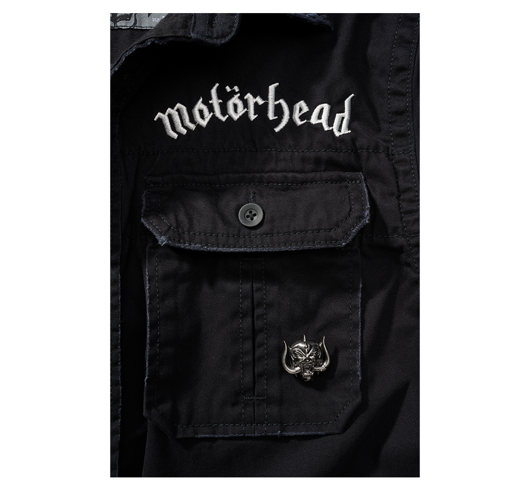 Motörhead Vintage Shirt featuring 3D print on back, Warpig front design, and detachable metal pin.