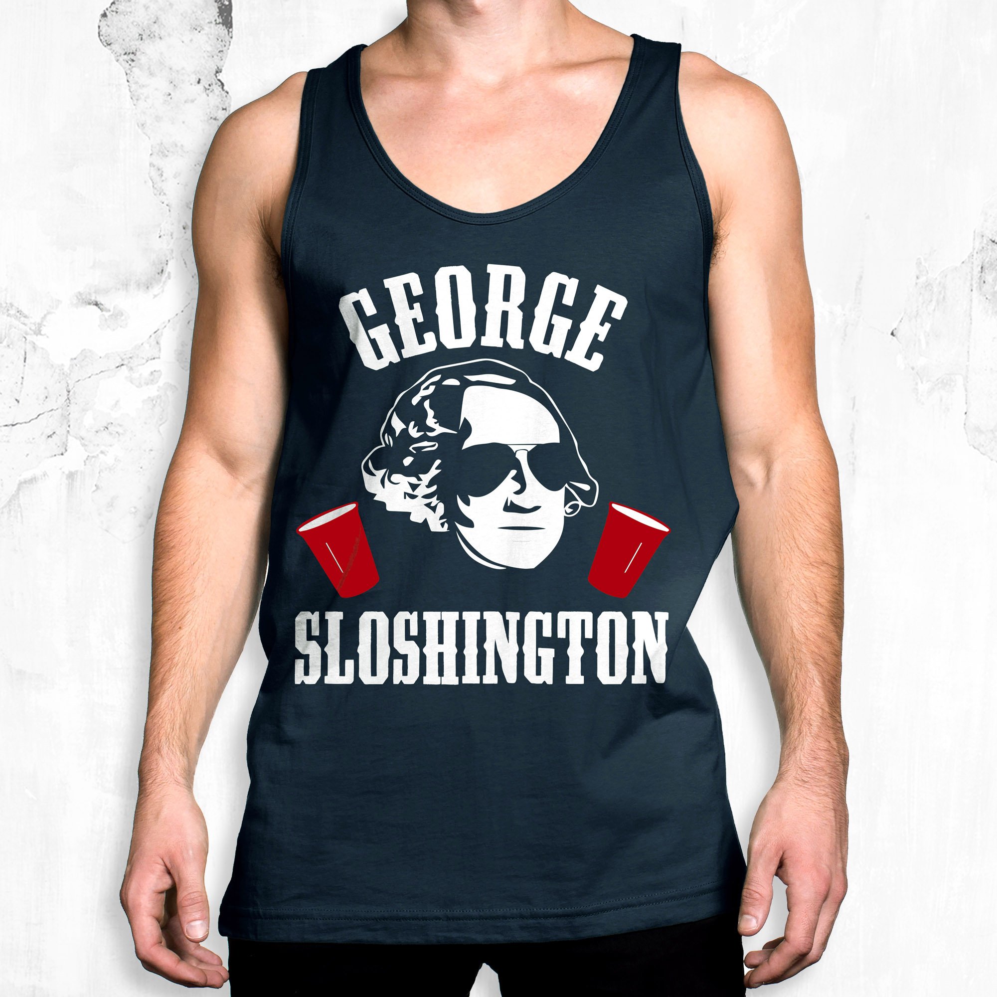 MOUNT SLOSHMORE Men's Navy Blue Tank featuring presidential-themed prints, perfect for summer celebrations.