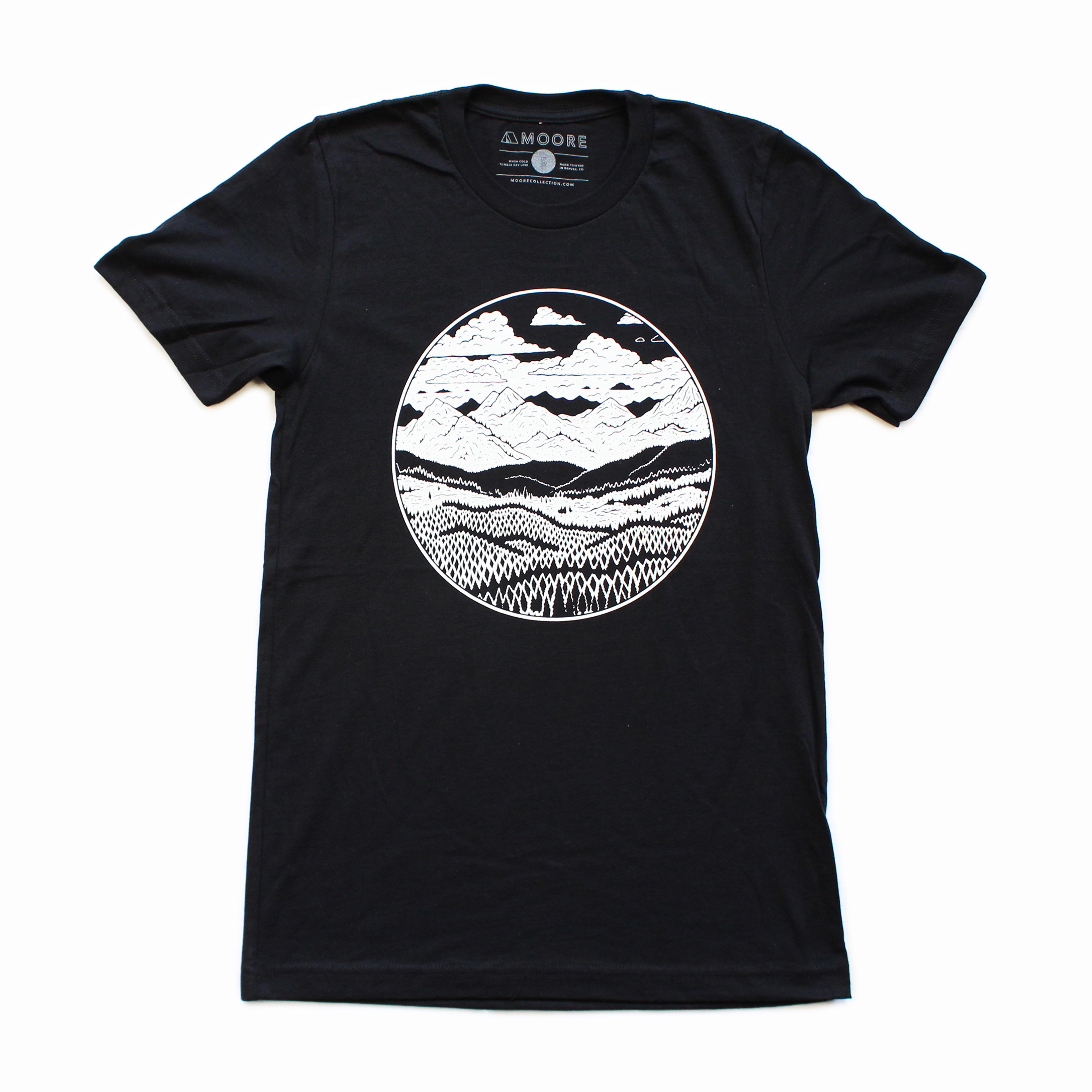 Black Mountain Range Tee featuring a white screen printed mountain design, made from 100% ringspun cotton, ideal for outdoor enthusiasts.