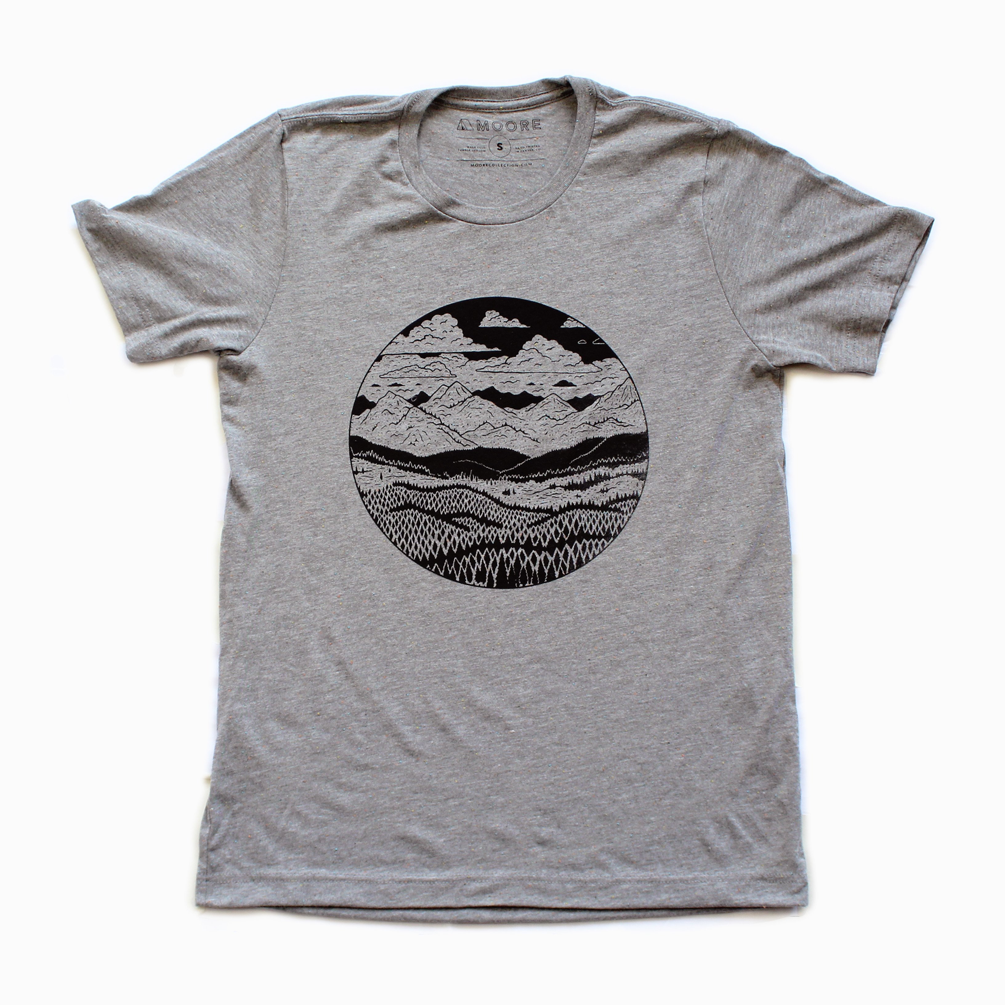 Gray speckled Mountain Range Tee featuring a unique mountain design printed in black water-based ink.