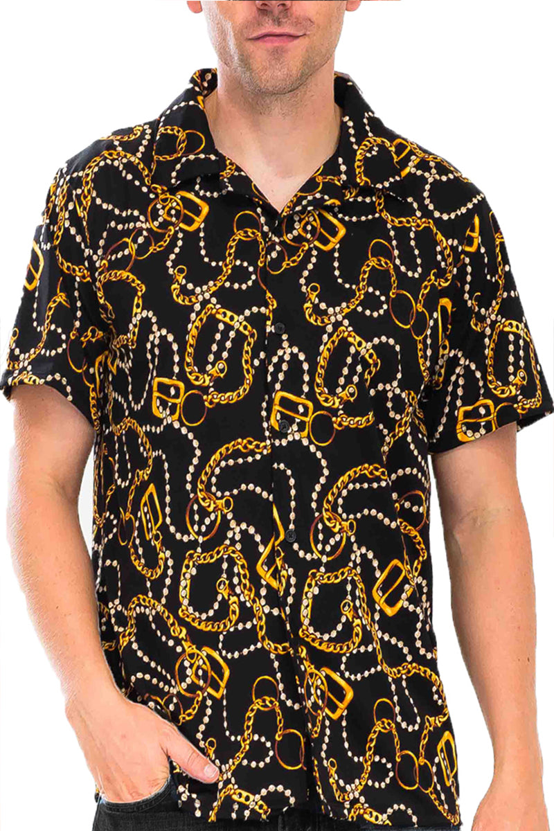 A stylish Moving Chains Button Up shirt featuring a Cuban style fit, six button closure, and a collar, made from a comfortable polyester-spandex blend.