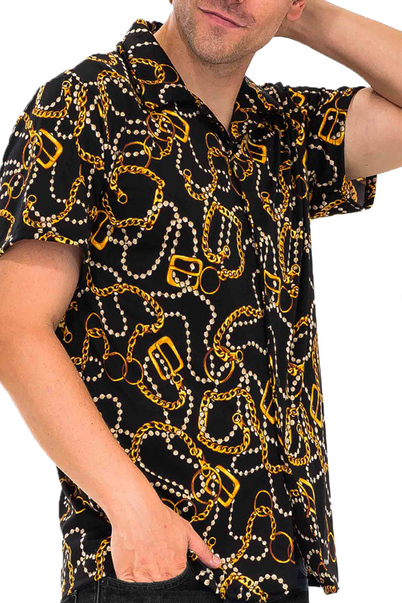 A stylish Moving Chains Button Up shirt featuring a Cuban style fit, six button closure, and a collar, made from a comfortable polyester-spandex blend.