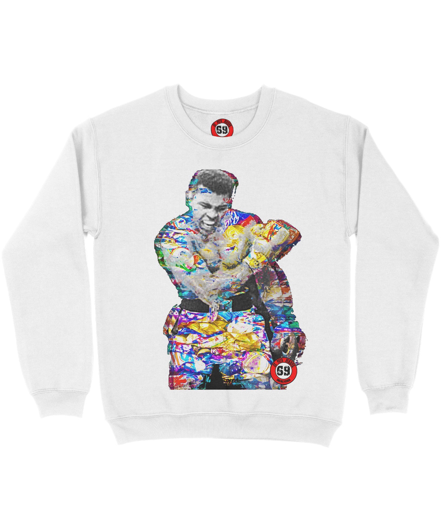 Muhammad Ali white sweatshirt featuring unique handmade prints, breathable jersey cotton, and the original DPM69 logo, perfect for urban streetwear.