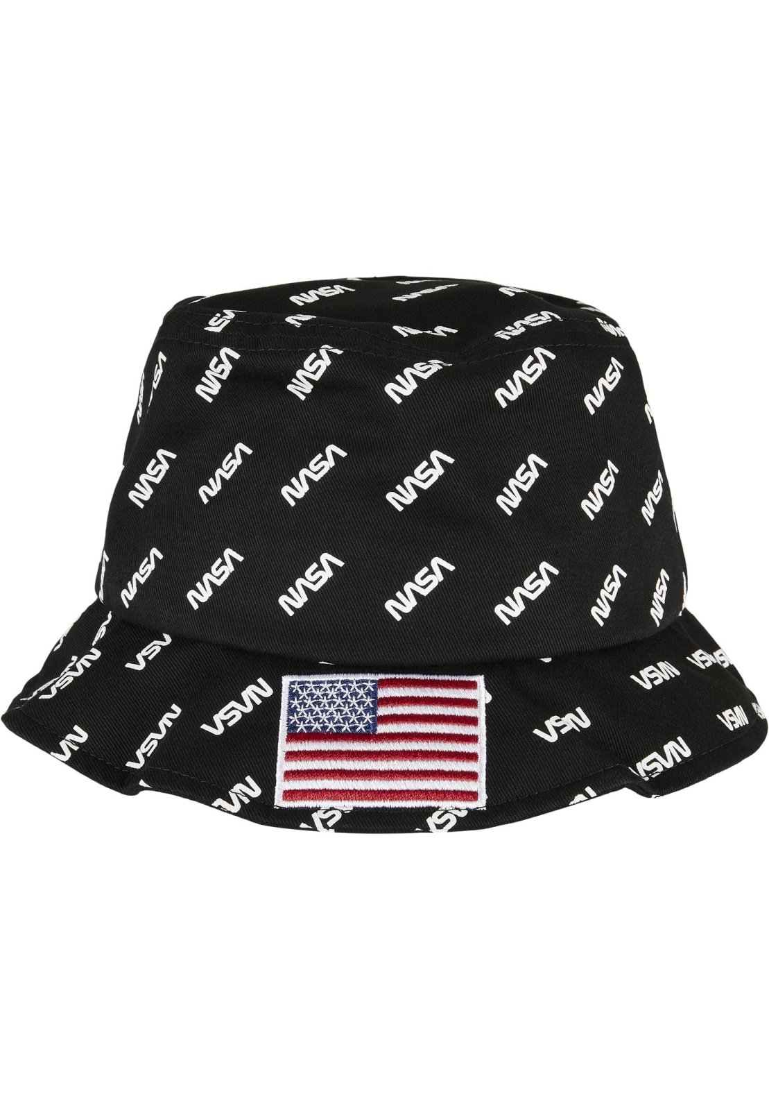 A stylish NASA Allover Bucket Hat featuring NASA lettering and a US flag patch, made of comfortable cotton.