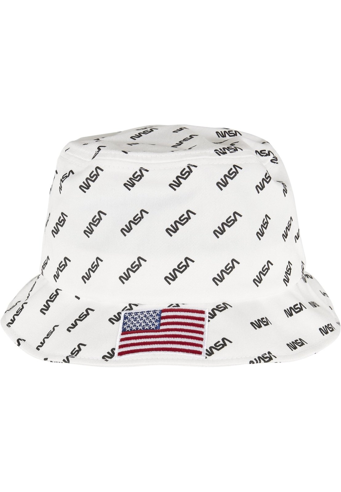 A stylish NASA Allover Bucket Hat featuring NASA lettering and a US flag patch, made of comfortable cotton.