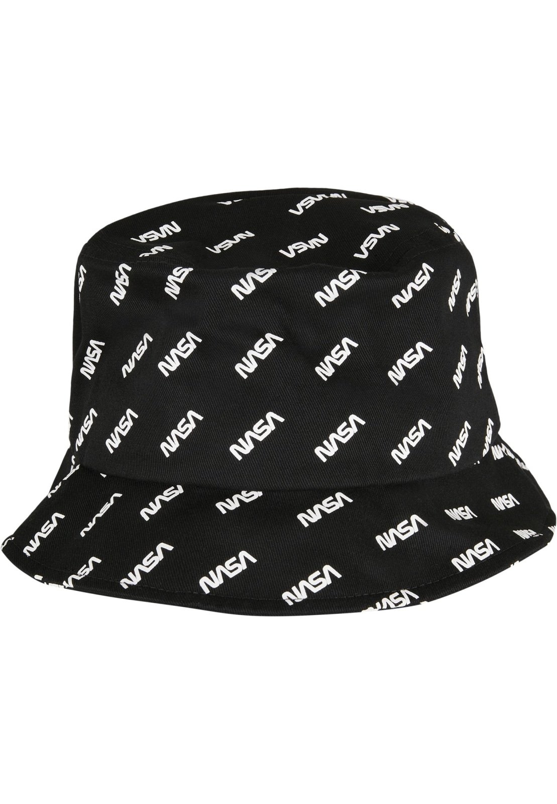 A stylish NASA Allover Bucket Hat featuring NASA lettering and a US flag patch, made of comfortable cotton.