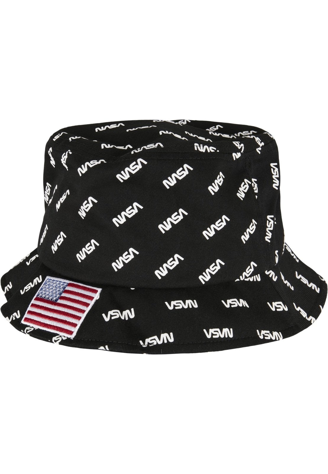 A stylish NASA Allover Bucket Hat featuring NASA lettering and a US flag patch, made of comfortable cotton.