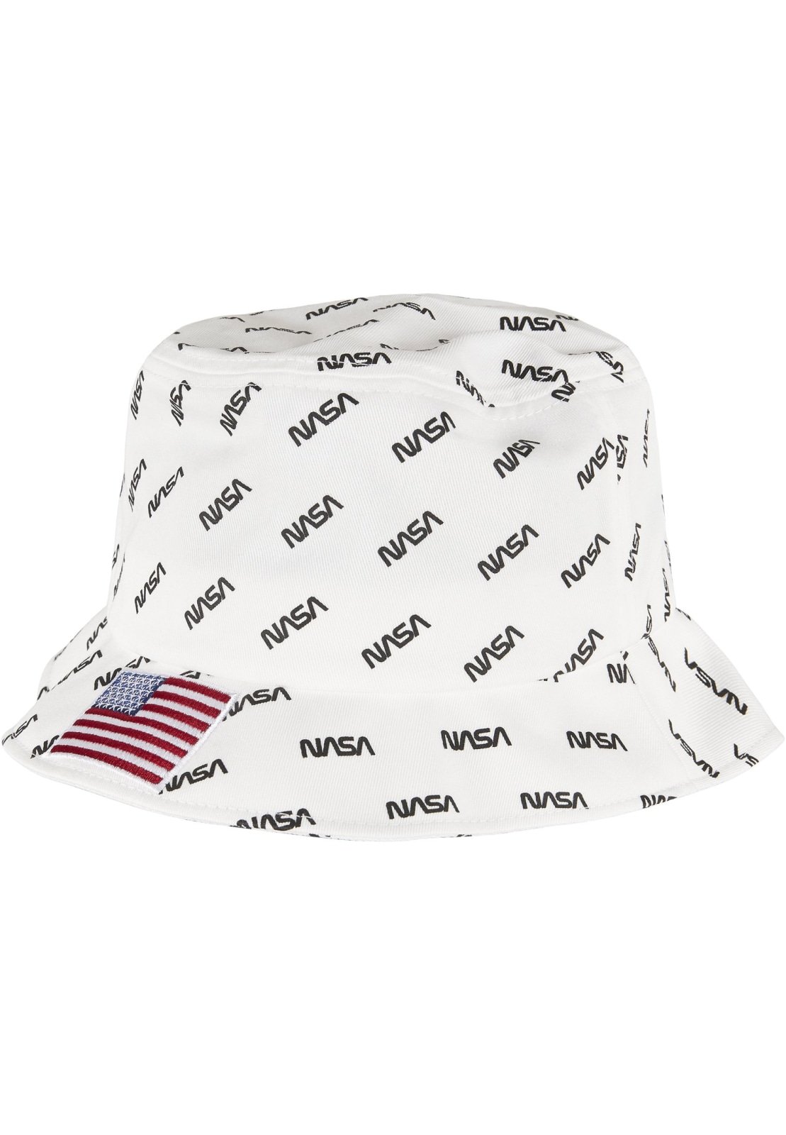 A stylish NASA Allover Bucket Hat featuring NASA lettering and a US flag patch, made of comfortable cotton.