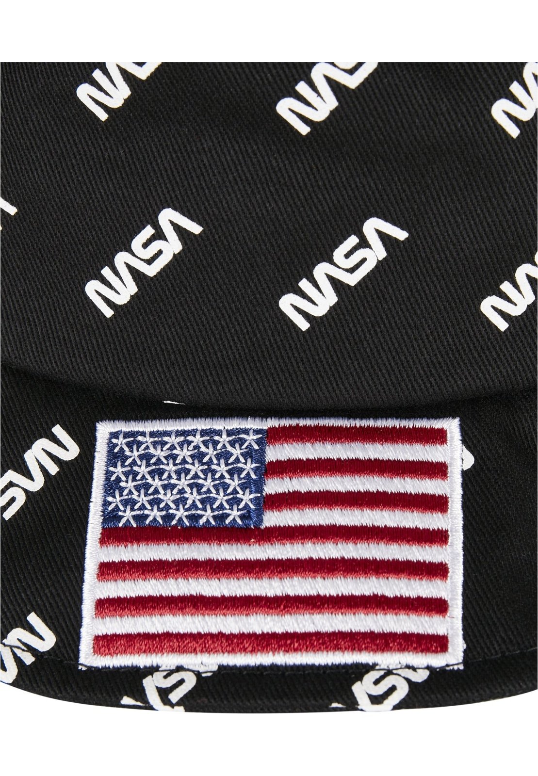 A stylish NASA Allover Bucket Hat featuring NASA lettering and a US flag patch, made of comfortable cotton.