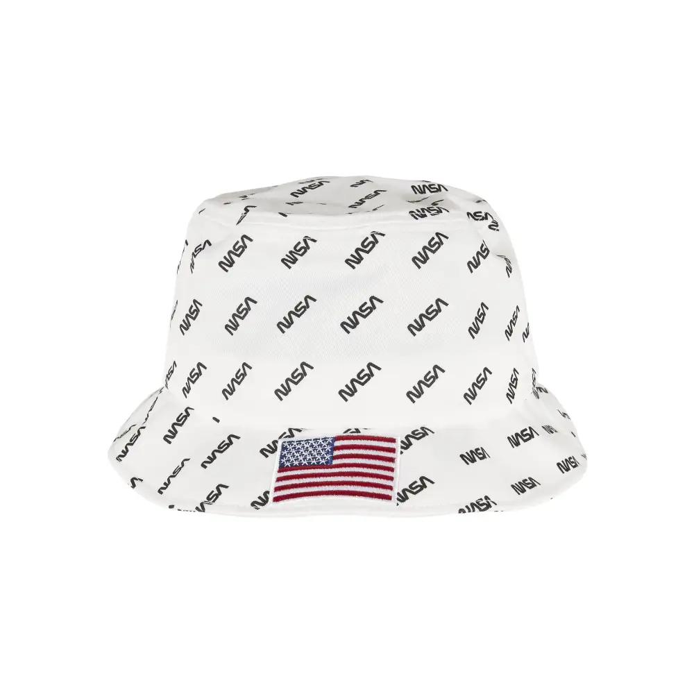 A stylish NASA Allover Bucket Hat featuring NASA lettering and a US flag patch, made of comfortable cotton.