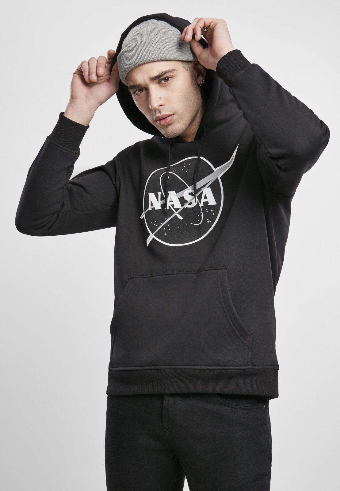 A stylish black hoodie featuring the iconic NASA logo, perfect for space enthusiasts.