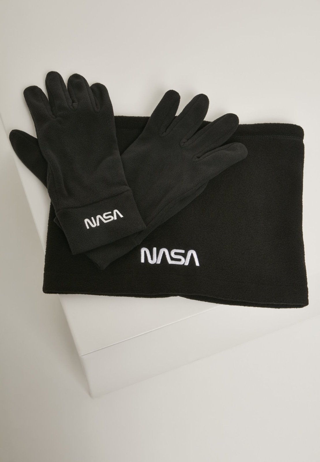 NASA Fleece Set featuring soft fleece hose and gloves with embroidered NASA logo.