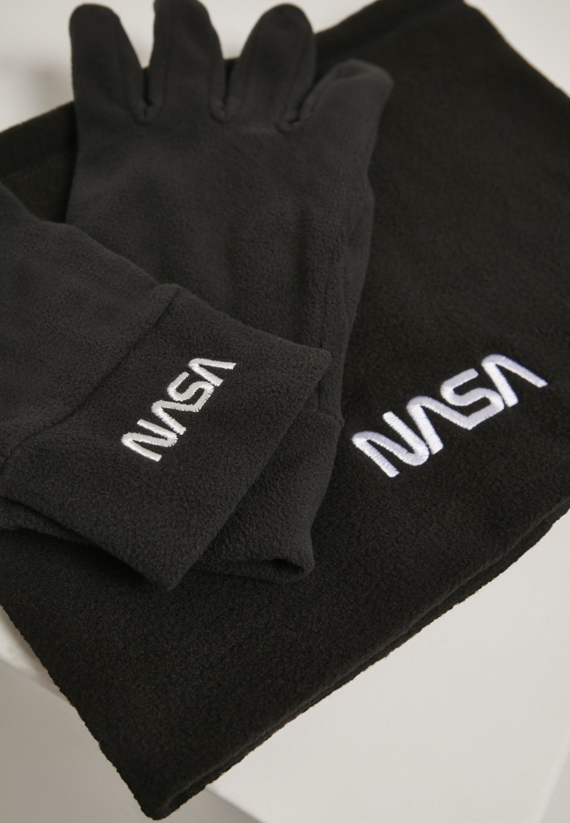 NASA Fleece Set featuring soft fleece hose and gloves with embroidered NASA logo.