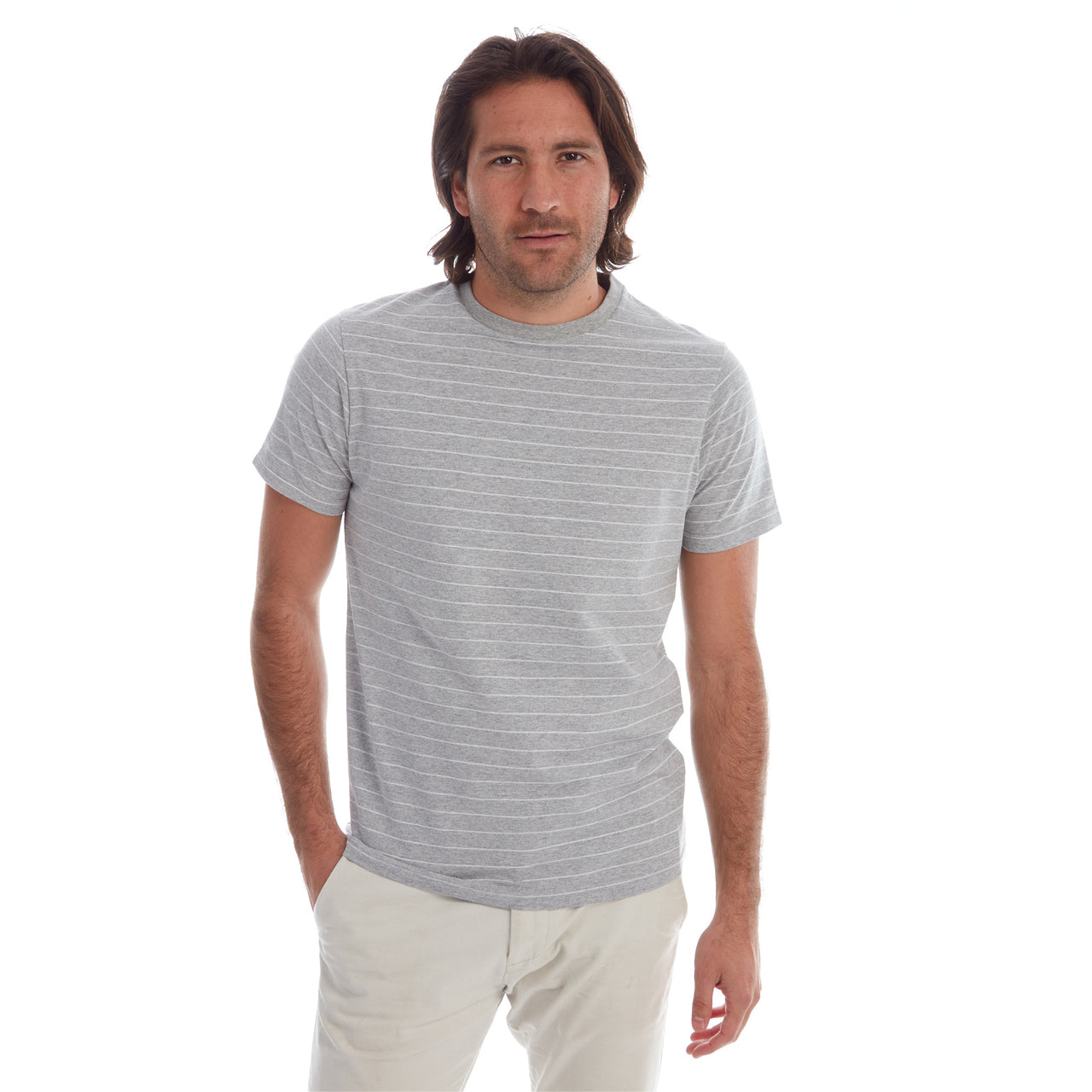 Nate Jacquard Striped Tee in Grey Heather, showcasing its stylish jacquard stripes and short sleeves.