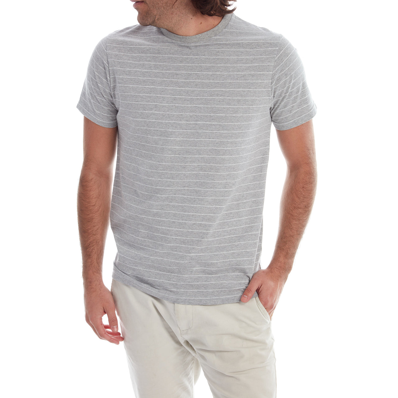 Nate Jacquard Striped Tee in Grey Heather, showcasing its stylish jacquard stripes and short sleeves.