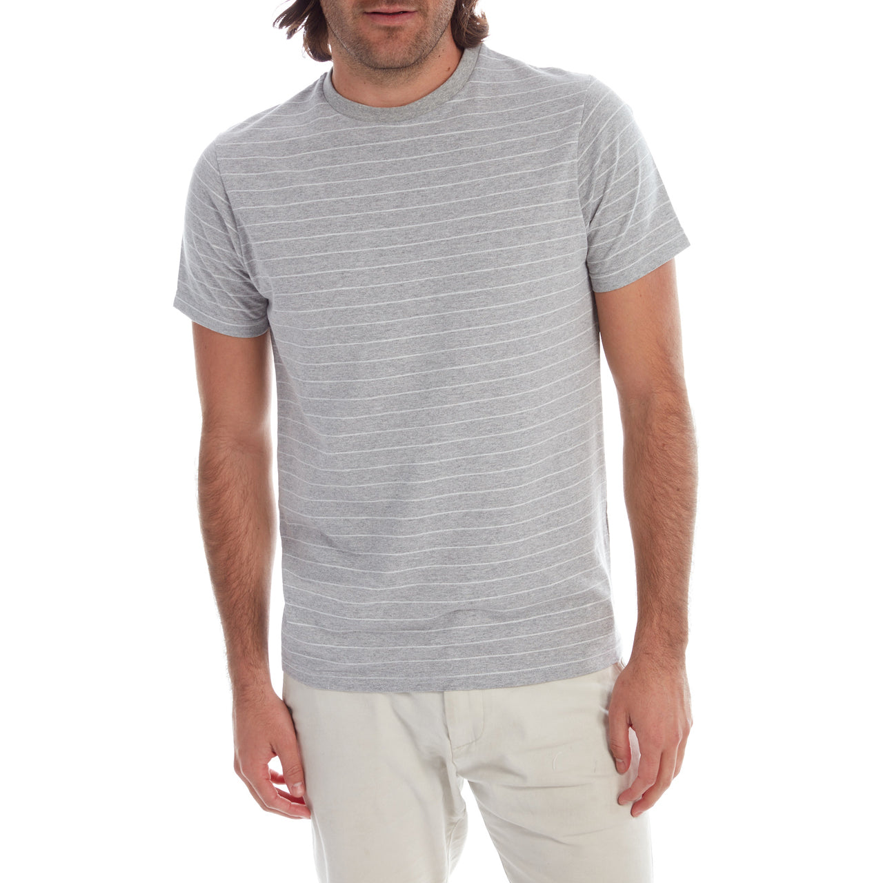 Nate Jacquard Striped Tee in Grey Heather, showcasing its stylish jacquard stripes and short sleeves.