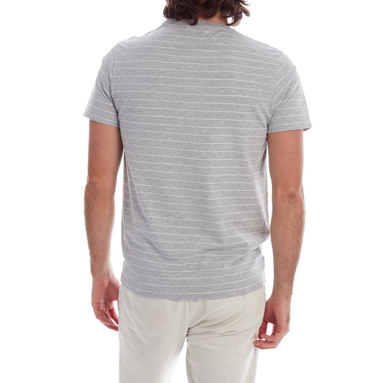 Nate Jacquard Striped Tee in Grey Heather, showcasing its stylish jacquard stripes and short sleeves.