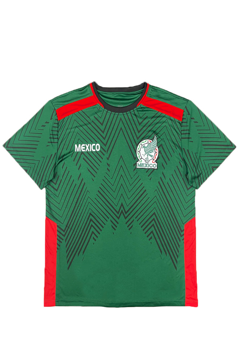 National Mexico Soccer Jersey featuring an embroidered chest patch, made from 98% polyester and 2% spandex, perfect for fans.