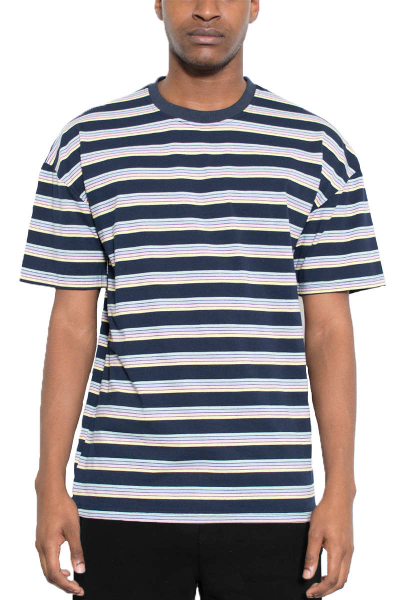 Nelson Striped T-shirt featuring yarn dye stripes, round neck, and straight hem, made from 100% cotton.