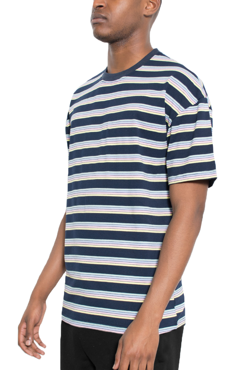 Nelson Striped T-shirt featuring yarn dye stripes, round neck, and straight hem, made from 100% cotton.