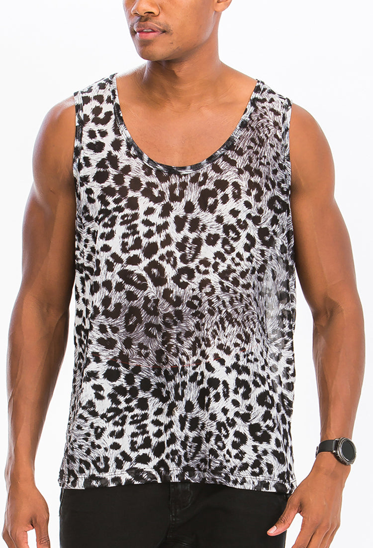 A stylish neutral leopard spot tank top displayed on a mannequin, showcasing its lightweight fabric and trendy design.