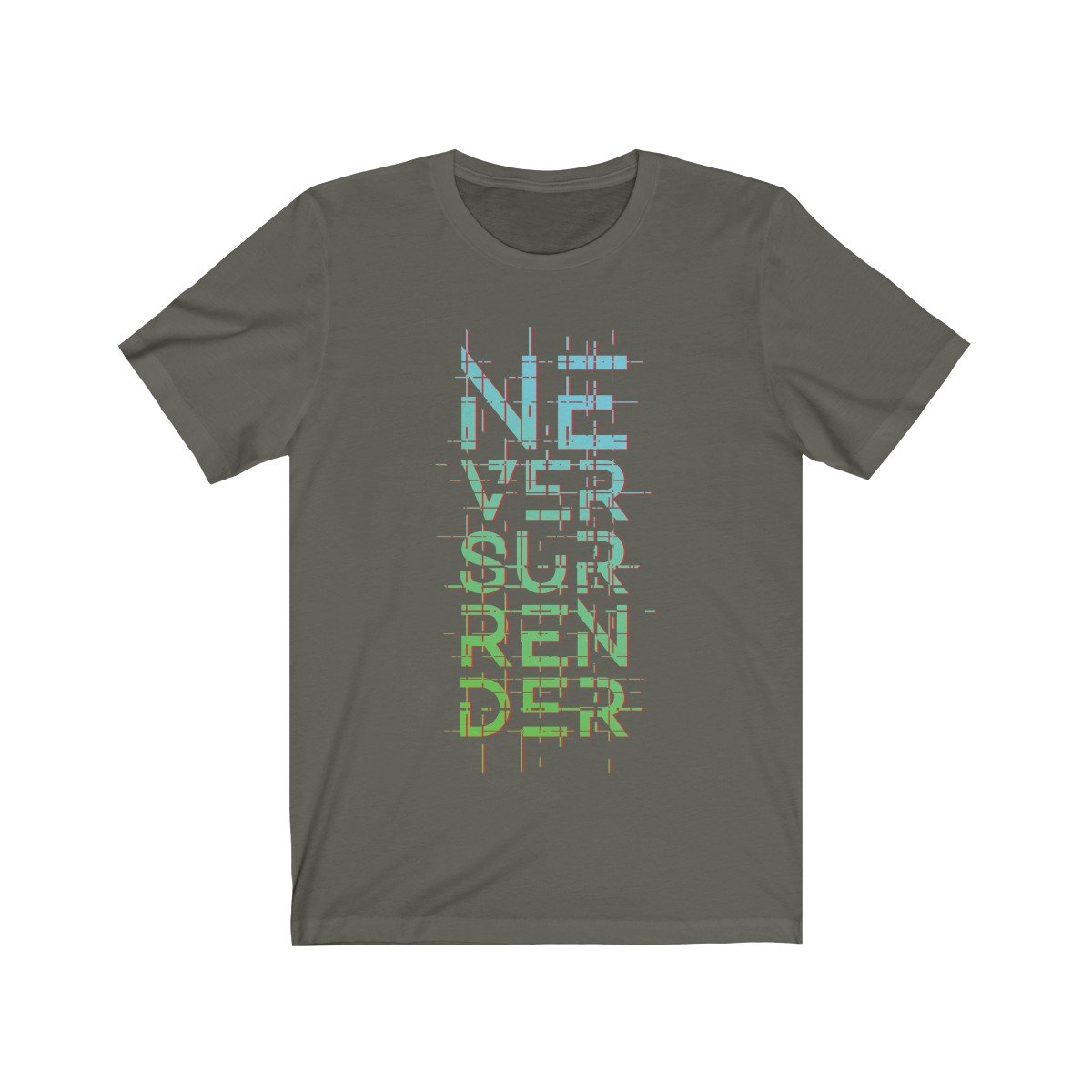 Never Surrender Graphic Short Sleeve Tee in soft cotton, featuring a bold graphic design with the phrase 'Never Surrender'.