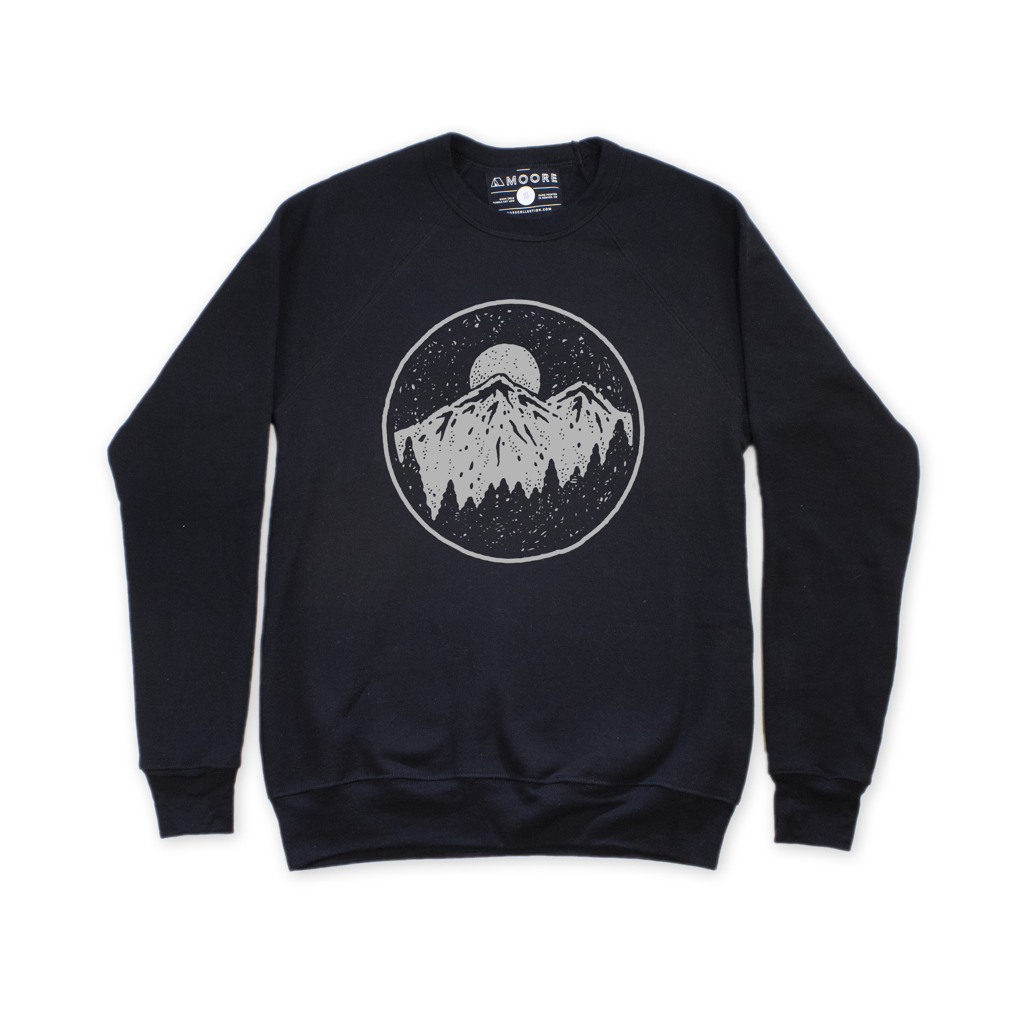 Night Sky Crewneck sweatshirt featuring a unique screen printed design in gray ink, made from soft cotton and polyester blend fabric.