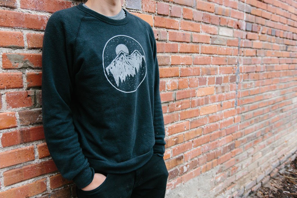 Night Sky Crewneck sweatshirt featuring a unique screen printed design in gray ink, made from soft cotton and polyester blend fabric.